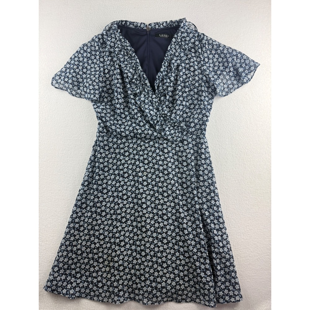 Lauren Ralph Lauren Womens Navy Blue Floral Ruffle V-Neck Flutter Sleeve Dress 4